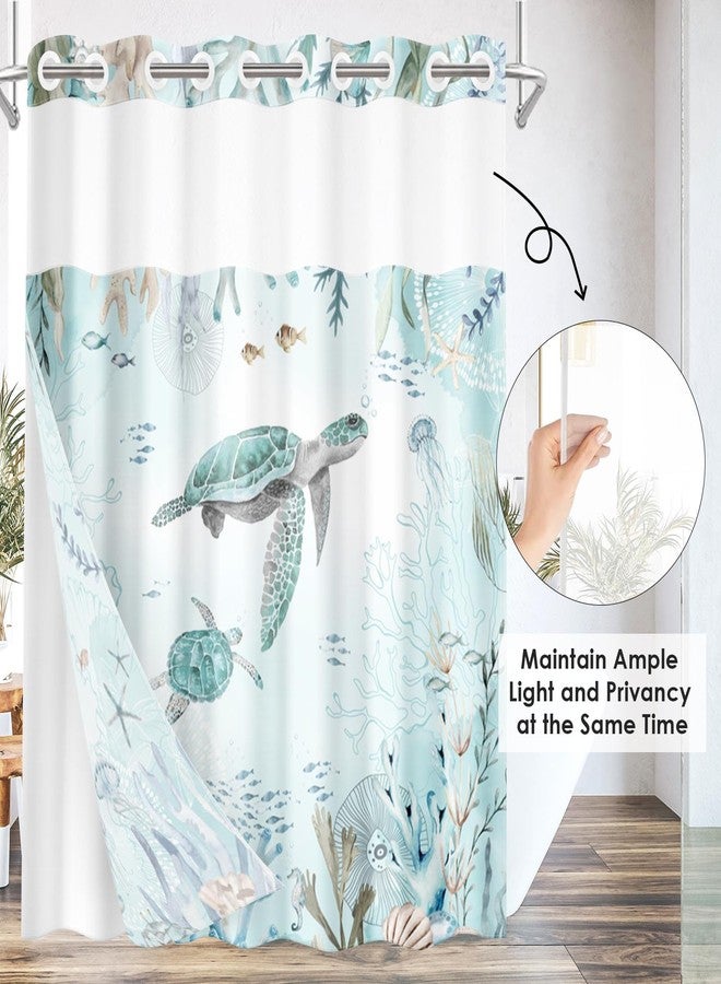 Nesphy No Hook Nautical Blue Sea Turtles Shower Curtain with Snap in Fabric Liner Set, Ocean Beach Double Layers Waterproof Fabric with See Through Top Window Open Grommet Bath Curtain 71x74 Inch - Image 5